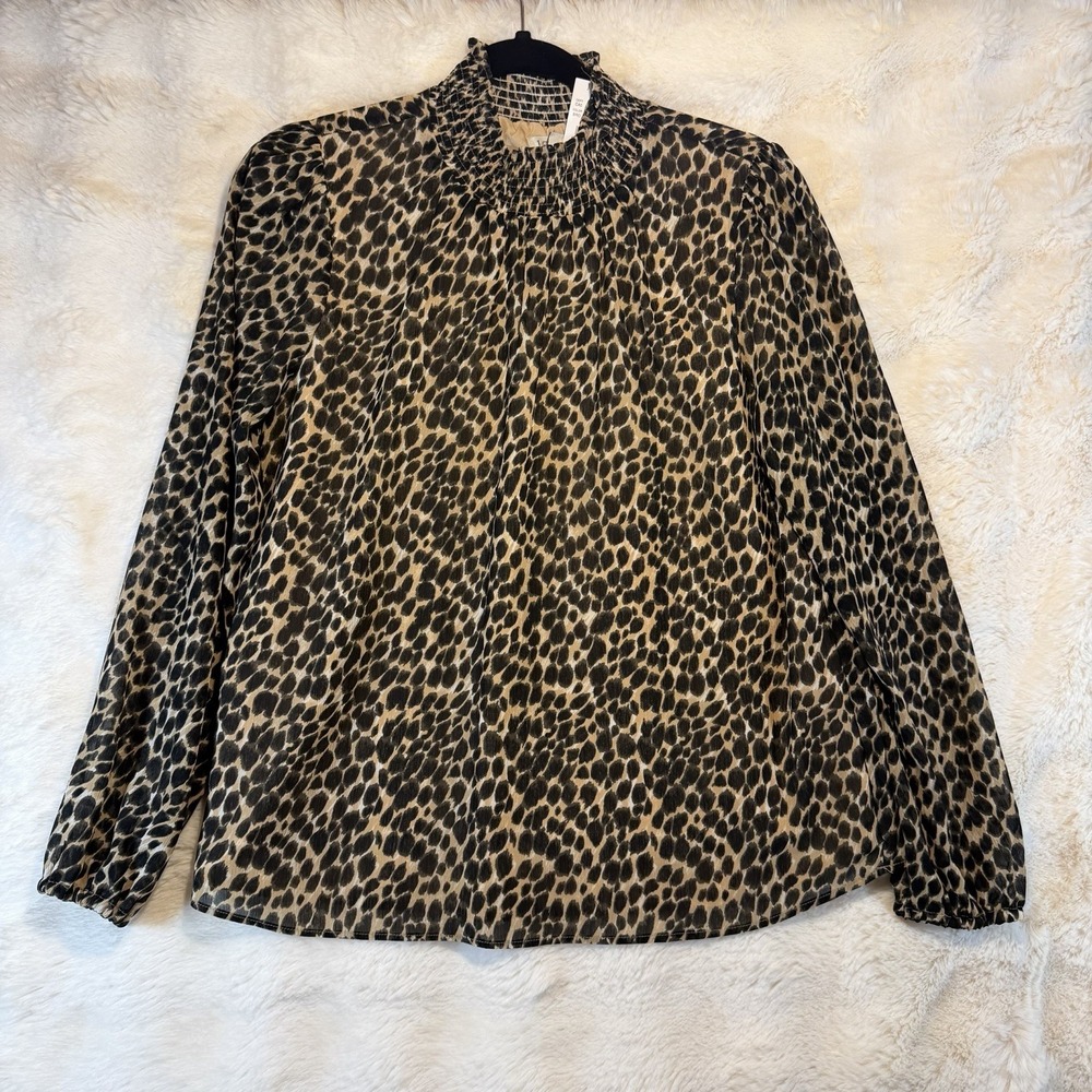 J Crew Size Large‎ Leopard Print Smocked Neck Top Long Sleeves Women's Lined XS